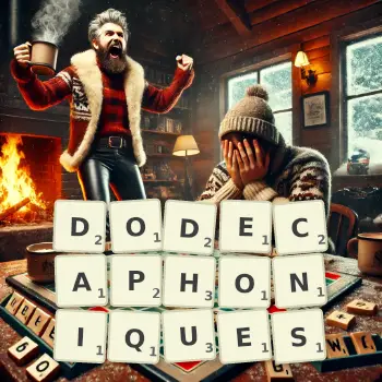 Illustration créative d'un jeu de lettres avec le mot DODECAPHONIQUES épelé sur le plateau.