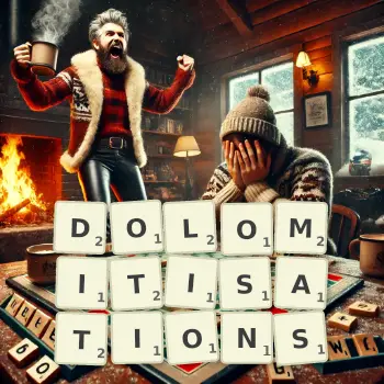 Illustration créative d'un jeu de lettres avec le mot DOLOMITISATIONS épelé sur le plateau.