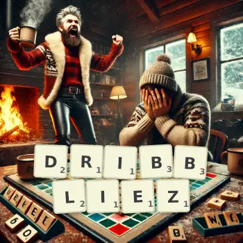 Illustration créative d'un jeu de lettres avec le mot DRIBBLIEZ épelé sur le plateau.