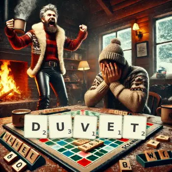 Illustration créative d'un jeu de lettres avec le mot DUVET épelé sur le plateau.