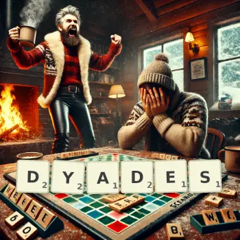 Illustration créative d'un jeu de lettres avec le mot DYADES épelé sur le plateau.