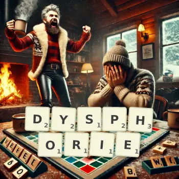 Illustration créative d'un jeu de lettres avec le mot DYSPHORIE épelé sur le plateau.
