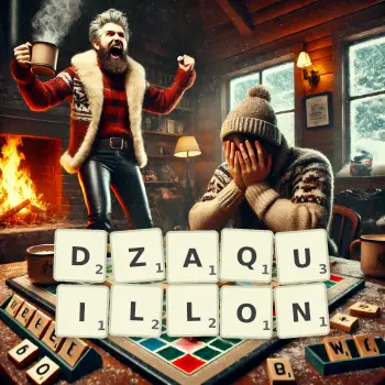 Illustration créative d'un jeu de lettres avec le mot DZAQUILLON épelé sur le plateau.