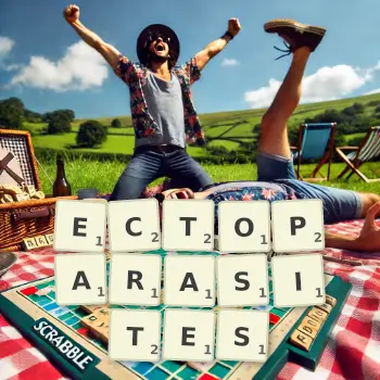 Illustration créative d'un jeu de lettres avec le mot ECTOPARASITES épelé sur le plateau.