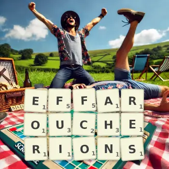 Illustration créative d'un jeu de lettres avec le mot EFFAROUCHERIONS épelé sur le plateau.