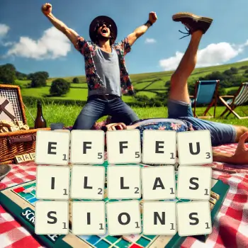 Illustration créative d'un jeu de lettres avec le mot EFFEUILLASSIONS épelé sur le plateau.