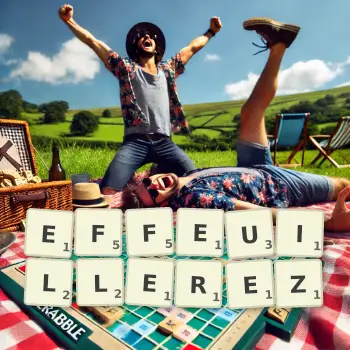 Illustration créative d'un jeu de lettres avec le mot EFFEUILLEREZ épelé sur le plateau.