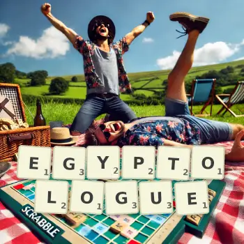 Illustration créative d'un jeu de lettres avec le mot EGYPTOLOGUE épelé sur le plateau.