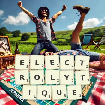 Illustration créative d'un jeu de lettres avec le mot ELECTROLYTIQUE épelé sur le plateau.