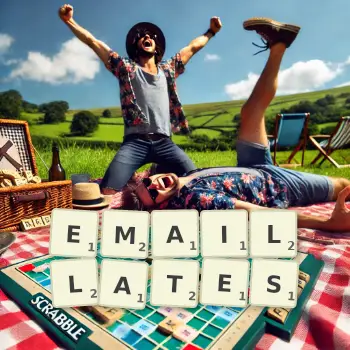 Illustration créative d'un jeu de lettres avec le mot EMAILLATES épelé sur le plateau.