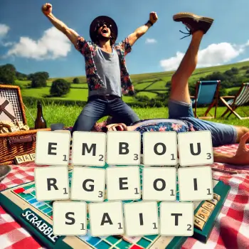 Illustration créative d'un jeu de lettres avec le mot EMBOURGEOISAIT épelé sur le plateau.