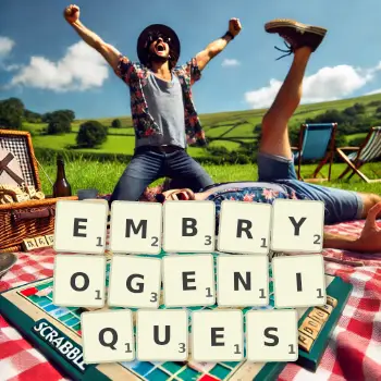 Illustration créative d'un jeu de lettres avec le mot EMBRYOGENIQUES épelé sur le plateau.