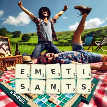 Illustration créative d'un jeu de lettres avec le mot EMETISANTS épelé sur le plateau.