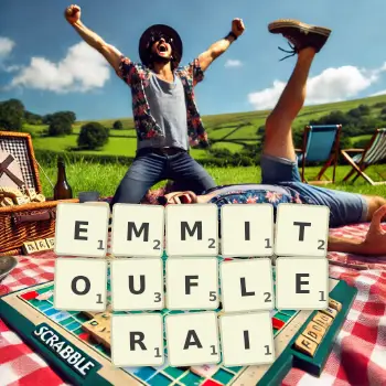 Illustration créative d'un jeu de lettres avec le mot EMMITOUFLERAI épelé sur le plateau.