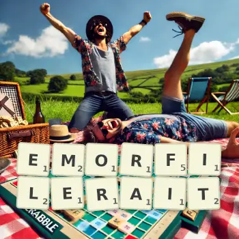 Illustration créative d'un jeu de lettres avec le mot EMORFILERAIT épelé sur le plateau.