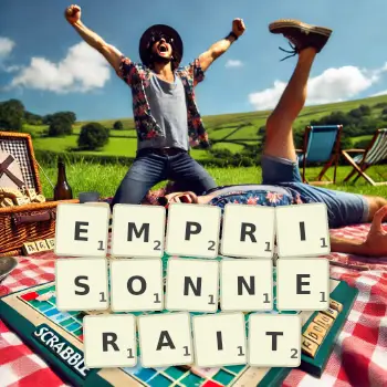 Illustration créative d'un jeu de lettres avec le mot EMPRISONNERAIT épelé sur le plateau.