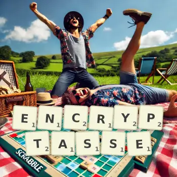 Illustration créative d'un jeu de lettres avec le mot ENCRYPTASSE épelé sur le plateau.