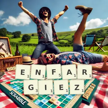 Illustration créative d'un jeu de lettres avec le mot ENFARGIEZ épelé sur le plateau.