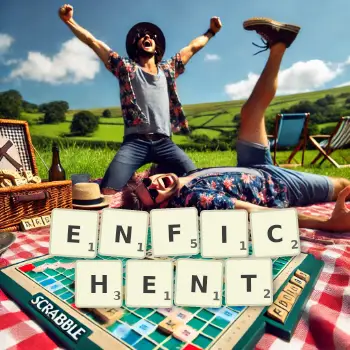 Illustration créative d'un jeu de lettres avec le mot ENFICHENT épelé sur le plateau.