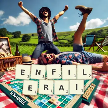 Illustration créative d'un jeu de lettres avec le mot ENFILERAI épelé sur le plateau.