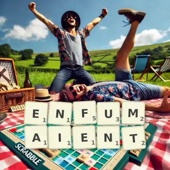 Illustration créative d'un jeu de lettres avec le mot ENFUMAIENT épelé sur le plateau.