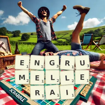 Illustration créative d'un jeu de lettres avec le mot ENGRUMELLERAI épelé sur le plateau.