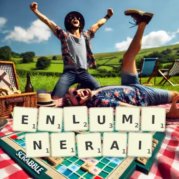 Illustration créative d'un jeu de lettres avec le mot ENLUMINERAI épelé sur le plateau.