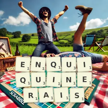 Illustration créative d'un jeu de lettres avec le mot ENQUIQUINERAIS épelé sur le plateau.