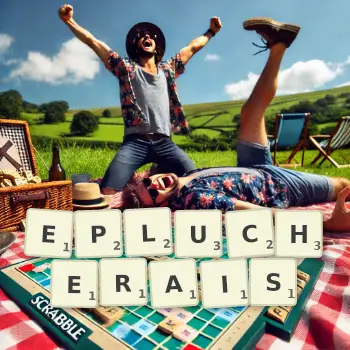 Illustration créative d'un jeu de lettres avec le mot EPLUCHERAIS épelé sur le plateau.