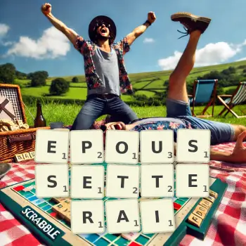 Illustration créative d'un jeu de lettres avec le mot EPOUSSETTERAI épelé sur le plateau.