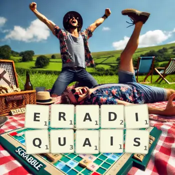 Illustration créative d'un jeu de lettres avec le mot ERADIQUAIS épelé sur le plateau.