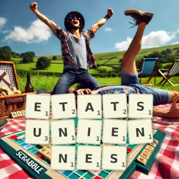 Illustration créative d'un jeu de lettres avec le mot ETATSUNIENNES épelé sur le plateau.
