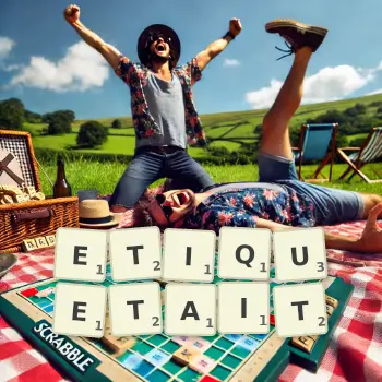 Illustration créative d'un jeu de lettres avec le mot ETIQUETAIT épelé sur le plateau.