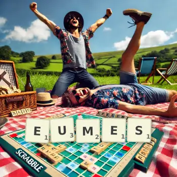 Illustration créative d'un jeu de lettres avec le mot EUMES épelé sur le plateau.