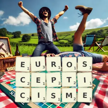 Illustration créative d'un jeu de lettres avec le mot EUROSCEPTICISME épelé sur le plateau.