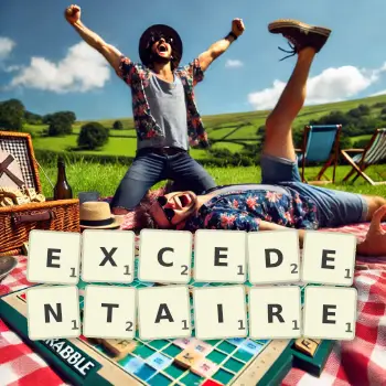 Illustration créative d'un jeu de lettres avec le mot EXCEDENTAIRE épelé sur le plateau.