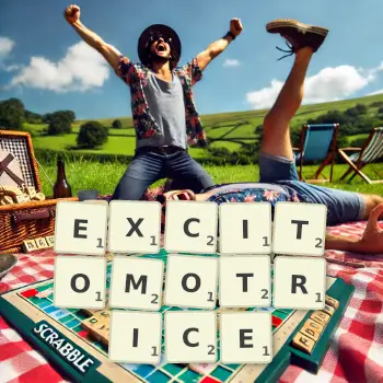 Illustration créative d'un jeu de lettres avec le mot EXCITOMOTRICE épelé sur le plateau.