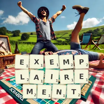 Illustration créative d'un jeu de lettres avec le mot EXEMPLAIREMENT épelé sur le plateau.
