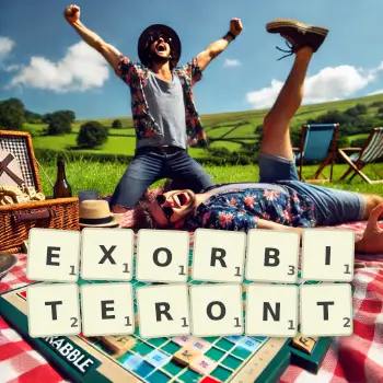 Illustration créative d'un jeu de lettres avec le mot EXORBITERONT épelé sur le plateau.