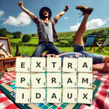 Illustration créative d'un jeu de lettres avec le mot EXTRAPYRAMIDAUX épelé sur le plateau.