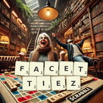 Illustration créative d'un jeu de lettres avec le mot FACETTIEZ épelé sur le plateau.