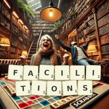 Illustration créative d'un jeu de lettres avec le mot FACILITIONS épelé sur le plateau.