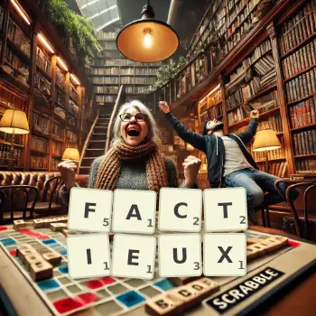 Illustration créative d'un jeu de lettres avec le mot FACTIEUX épelé sur le plateau.