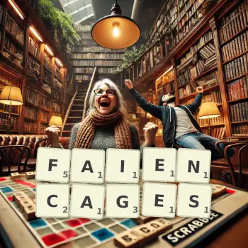 Illustration créative d'un jeu de lettres avec le mot FAIENCAGES épelé sur le plateau.