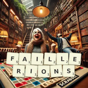 Illustration créative d'un jeu de lettres avec le mot FAILLERIONS épelé sur le plateau.