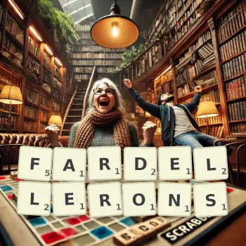 Illustration créative d'un jeu de lettres avec le mot FARDELLERONS épelé sur le plateau.