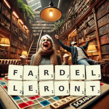 Illustration créative d'un jeu de lettres avec le mot FARDELLERONT épelé sur le plateau.
