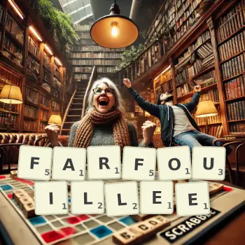 Illustration créative d'un jeu de lettres avec le mot FARFOUILLEE épelé sur le plateau.