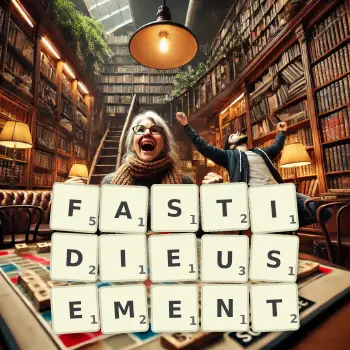 Illustration créative d'un jeu de lettres avec le mot FASTIDIEUSEMENT épelé sur le plateau.