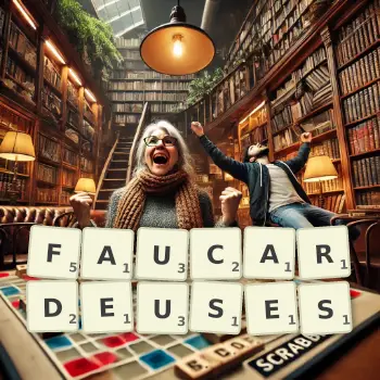 Illustration créative d'un jeu de lettres avec le mot FAUCARDEUSES épelé sur le plateau.